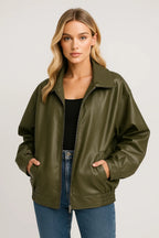 Women's Oversized Faux Leather Bomber Jacket in Green