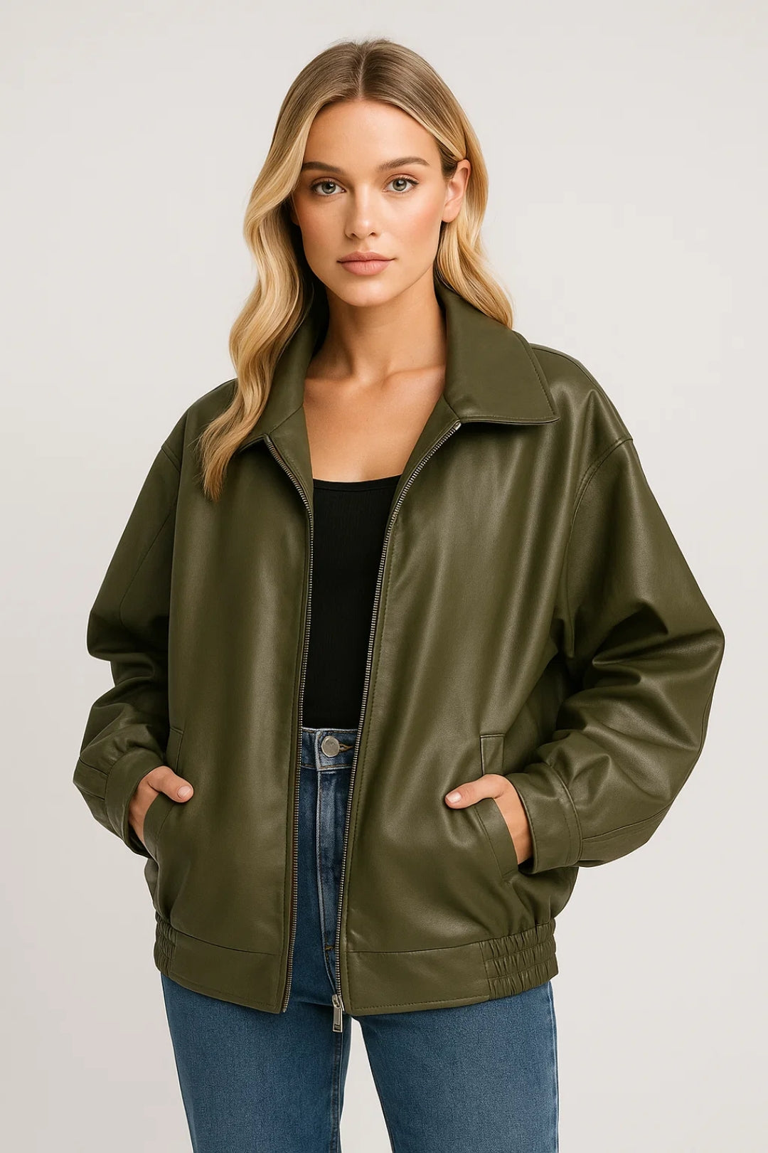 Women's Oversized Faux Leather Bomber Jacket in Green
