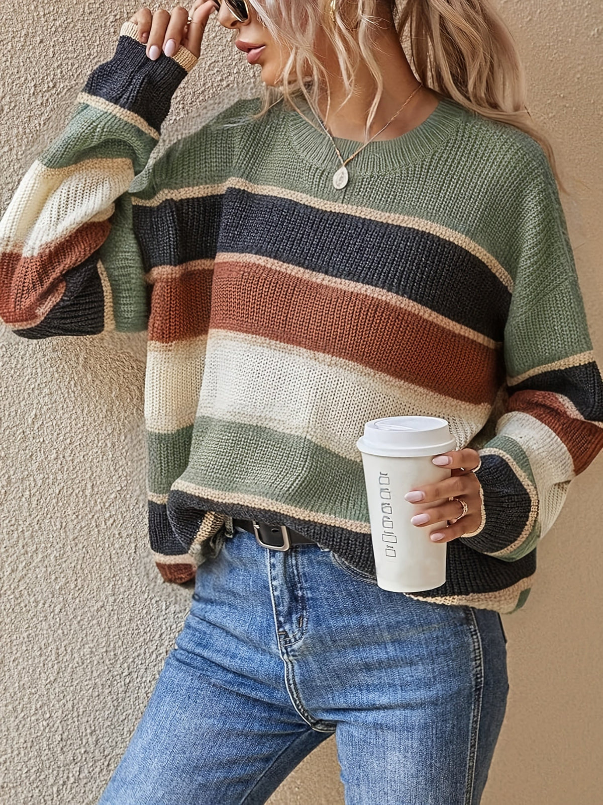 Women's Oversized Striped Sweater in Green/Rust