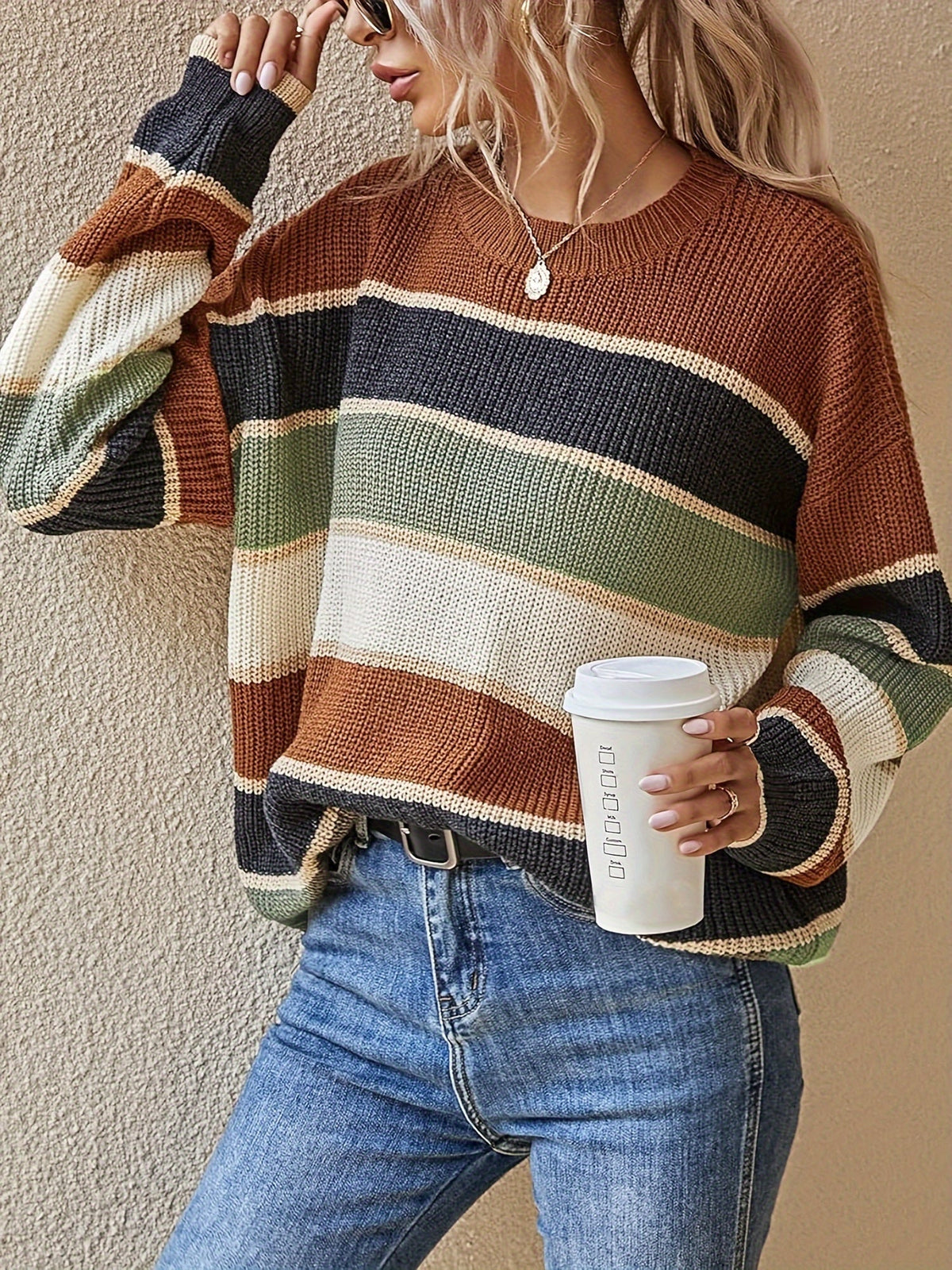 Women's Oversized Striped Sweater in Rust/Navy