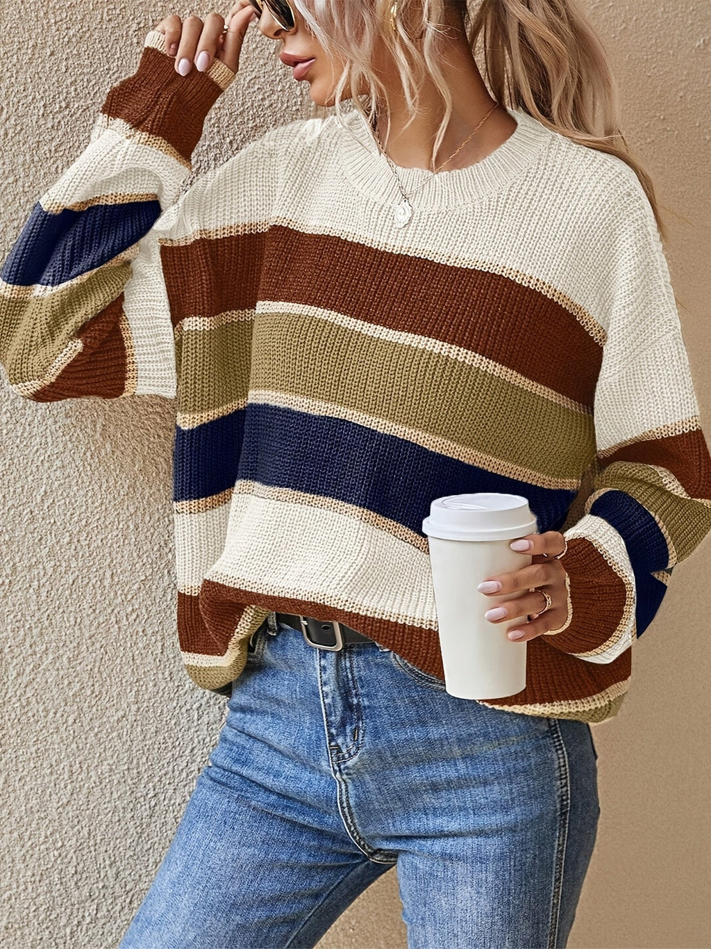Women's Oversized Striped Sweater in Cream/Olive