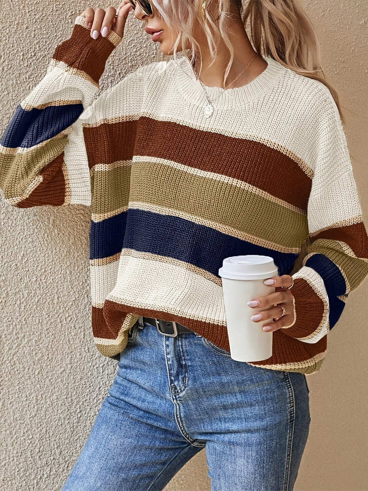 Women's Oversized Striped Sweater in Cream/Olive
