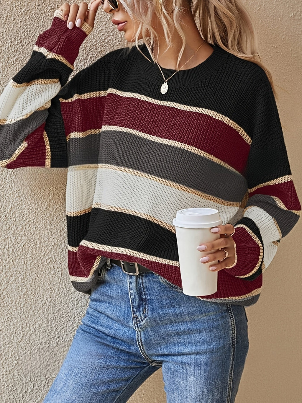Women's Oversized Striped Sweater in Black/Burgundy