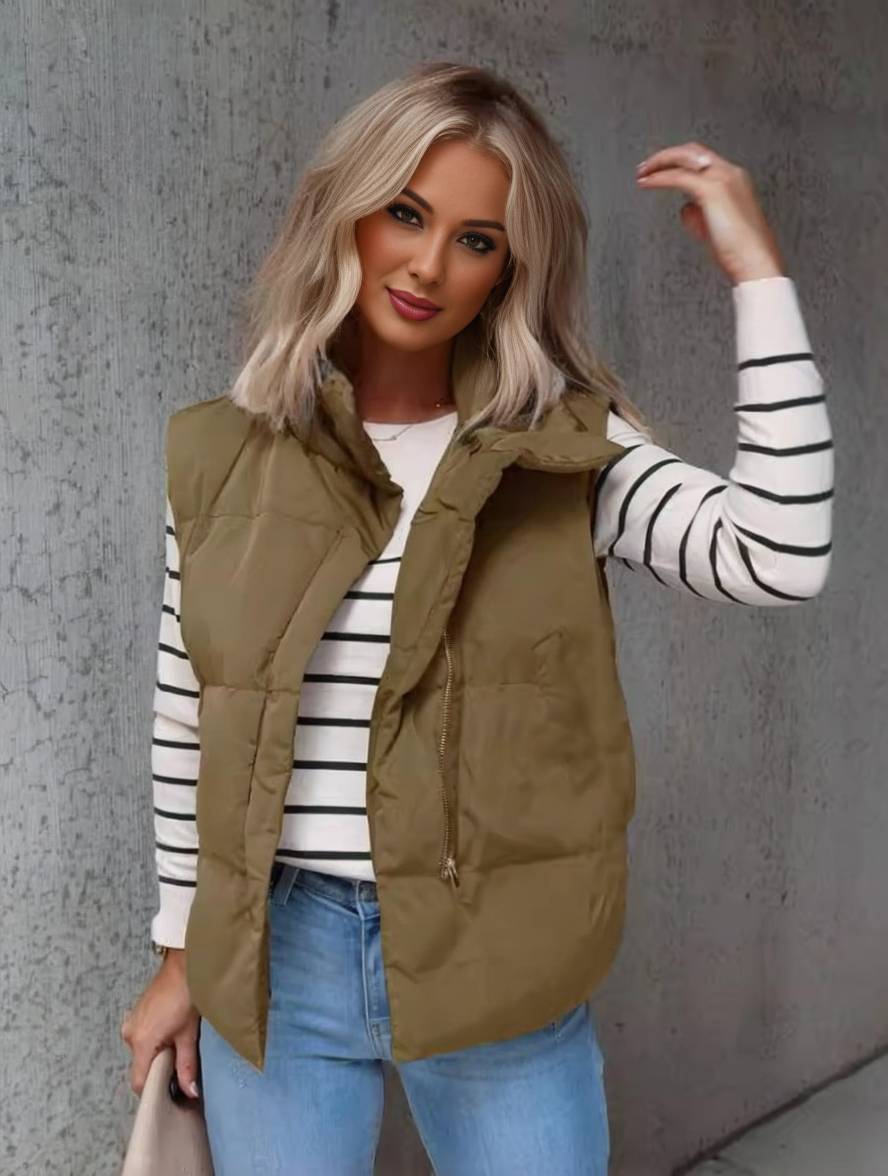 Women's Quilted Puffer Vest in Khaki