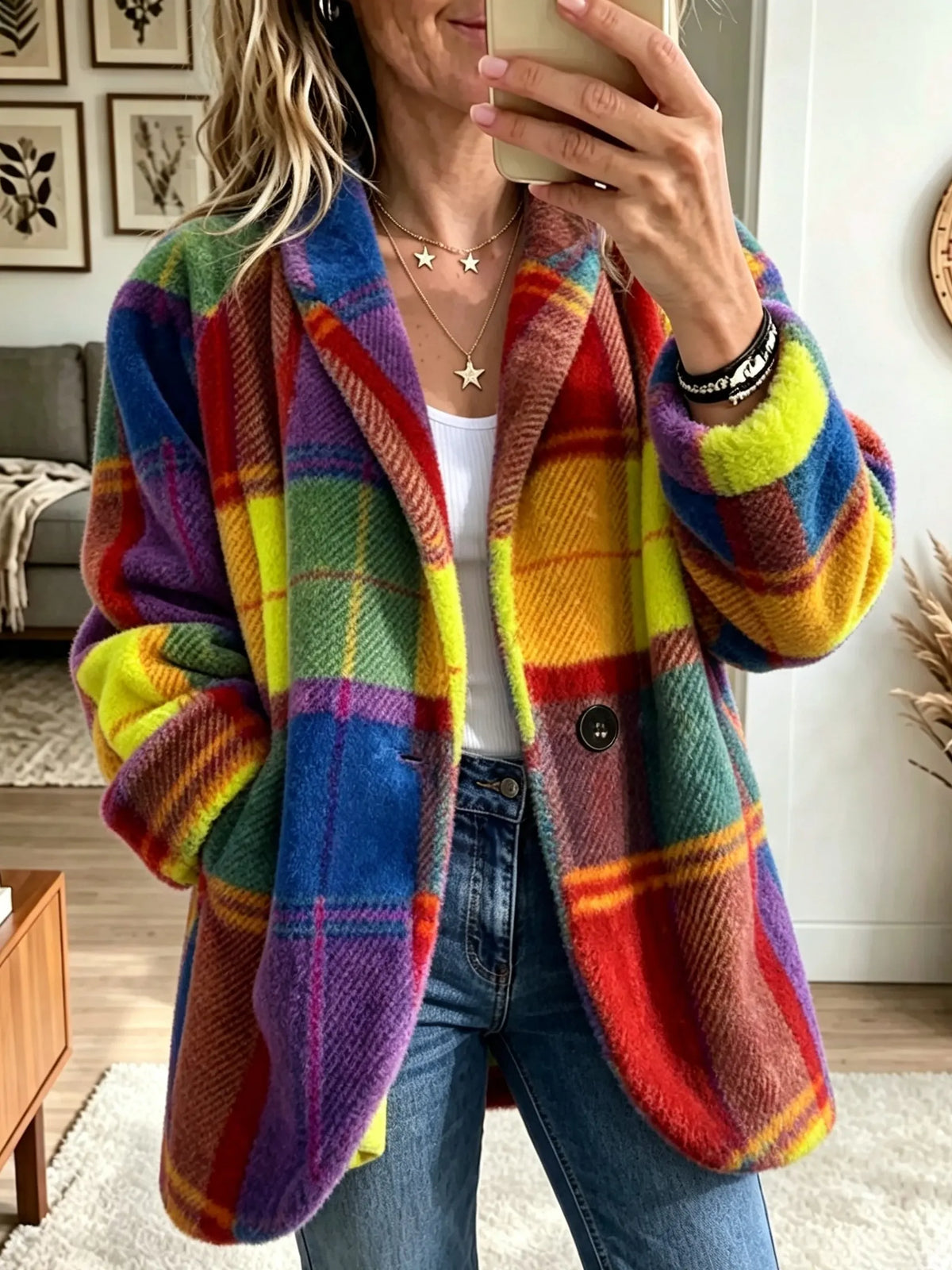 Women's Oversized Plaid Fleece Jacket in Yellow