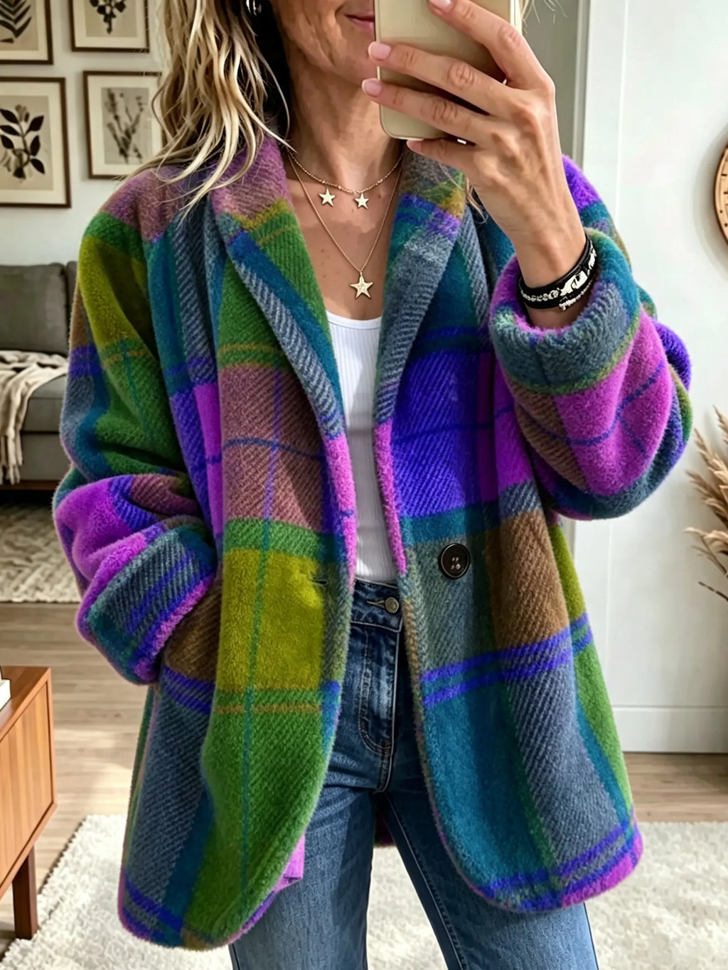 Women's Oversized Plaid Fleece Jacket in Blue
