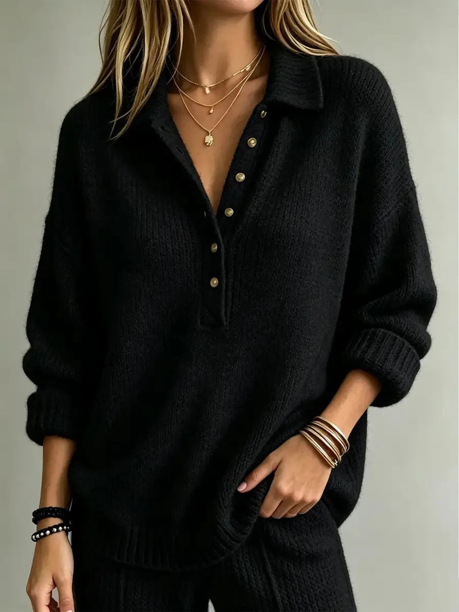 Women's Oversized Knit Polo Sweater in Black