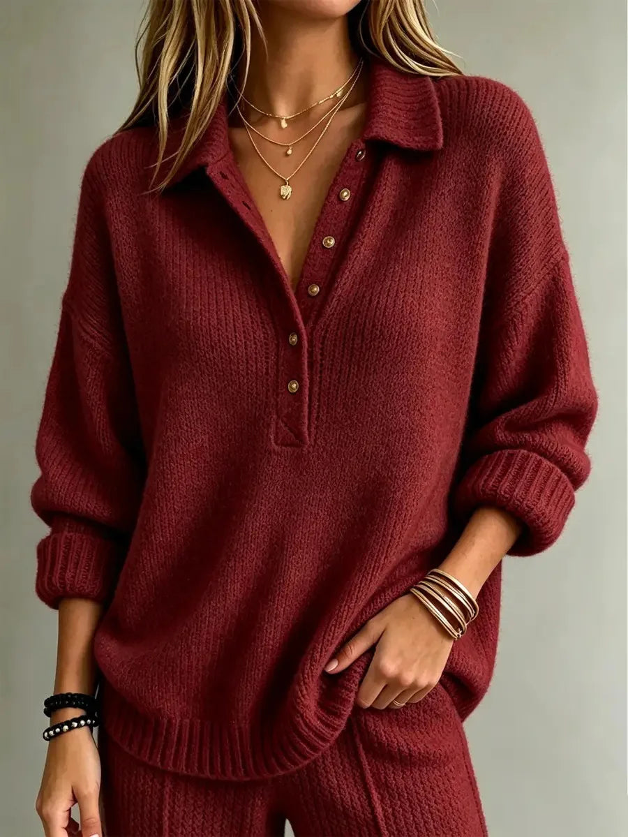 Women's Oversized Knit Polo Sweater in Red