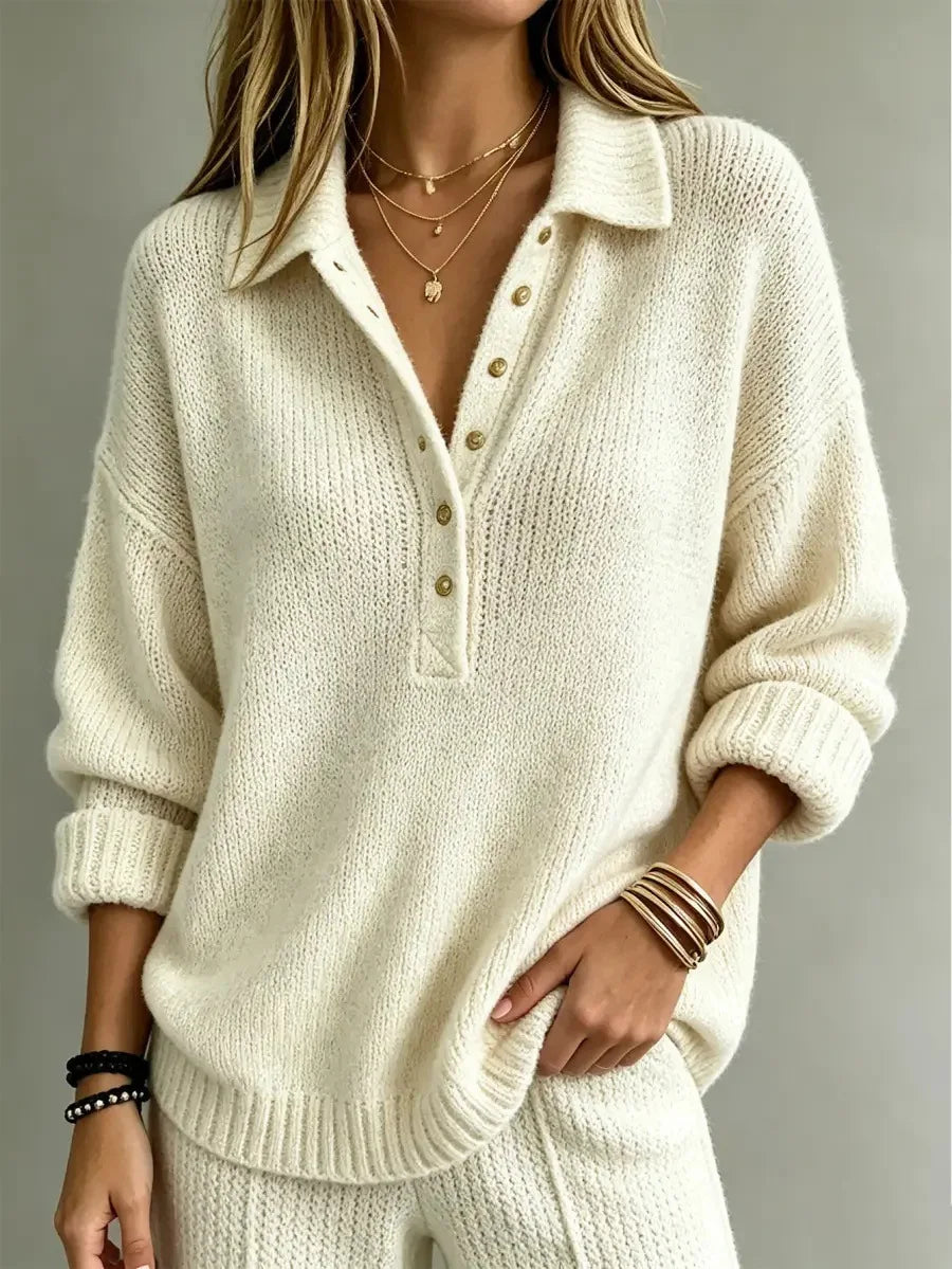 Women's Oversized Knit Polo Sweater in White