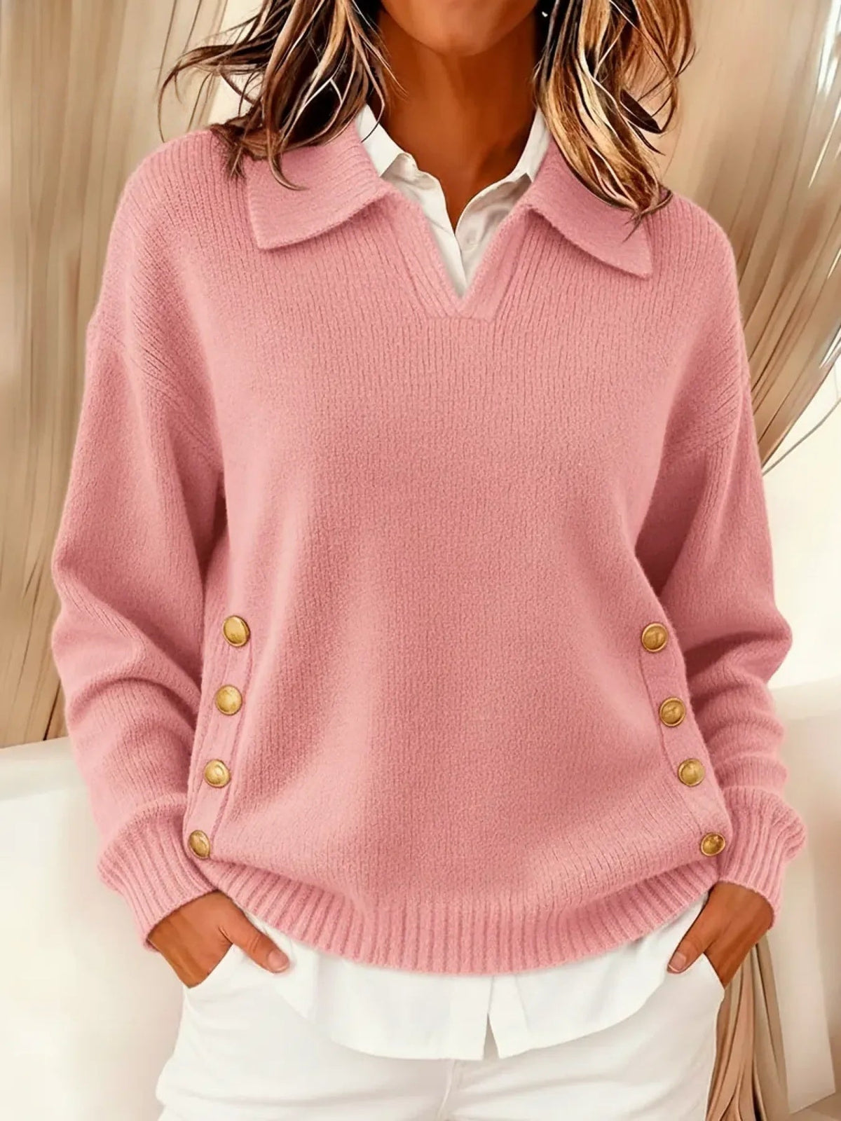 Women's Polo Collar Sweater in Pink