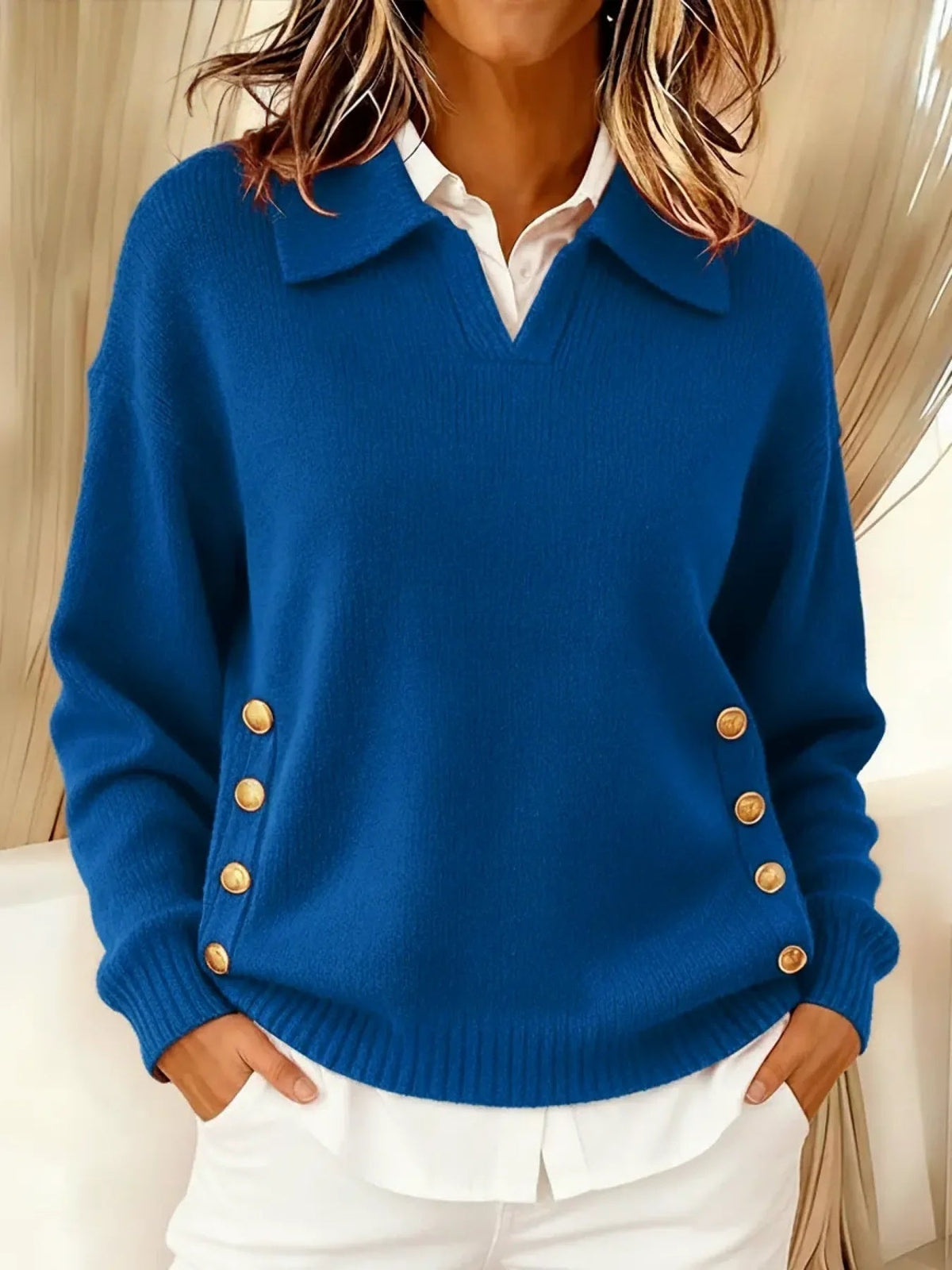 Women's Polo Collar Sweater in Blue