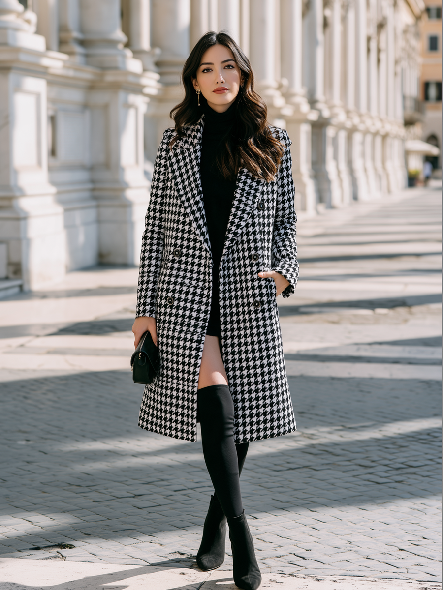 Women's Double-Breasted Houndstooth Coat in Black - view 1