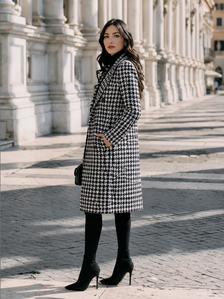 Women's Double-Breasted Houndstooth Coat in Black - view 3
