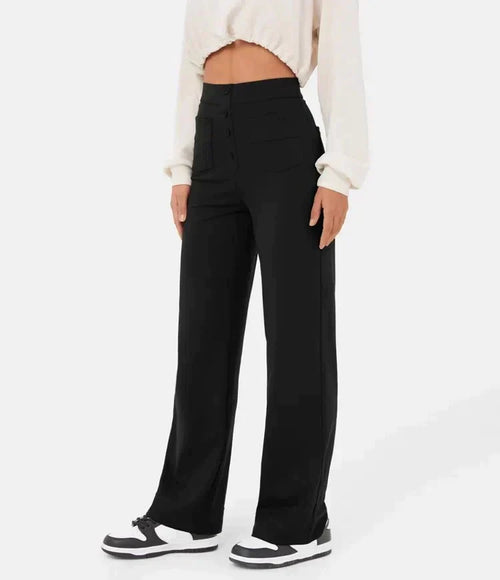 Adele High-Waisted Straight Leg Trousers with Pockets in Black