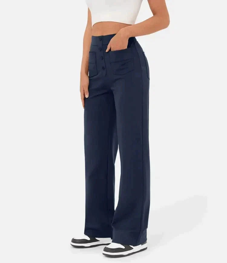 Adele High-Waisted Straight Leg Trousers with Pockets in Navy