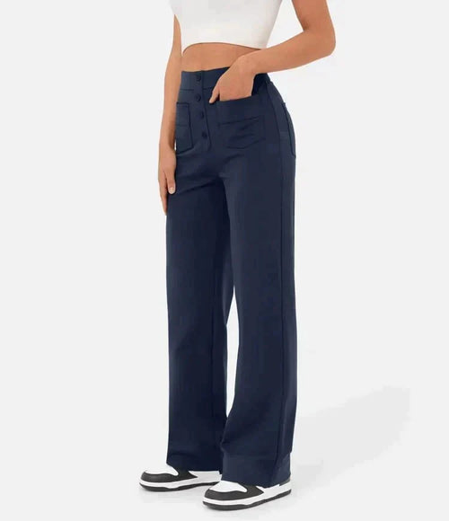 Adele High-Waisted Straight Leg Trousers with Pockets in Navy