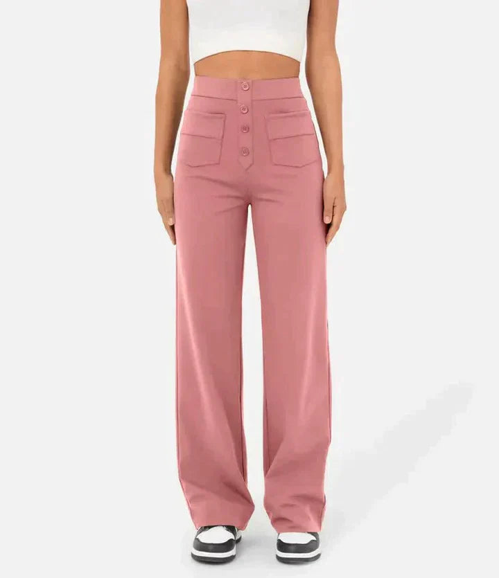 Adele High-Waisted Straight Leg Trousers with Pockets in Pink