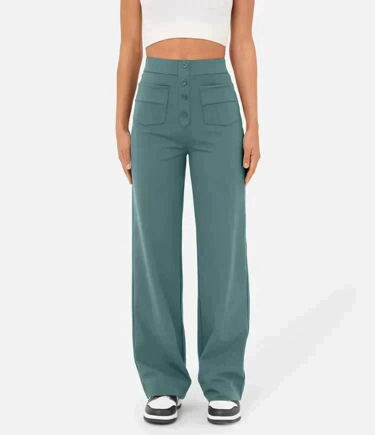 Adele High-Waisted Straight Leg Trousers with Pockets in Green