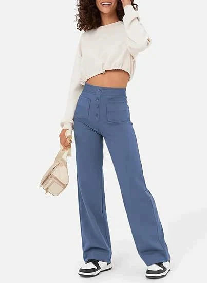 Adele High-Waisted Straight Leg Trousers with Pockets in Blue