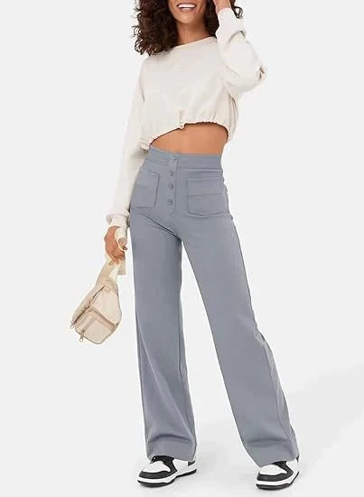 Adele High-Waisted Straight Leg Trousers with Pockets in Grey