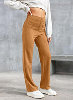 Adele High-Waisted Straight Leg Trousers with Pockets in Yellow