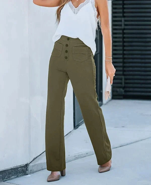 Adele High-Waisted Straight Leg Trousers with Pockets in Army Green