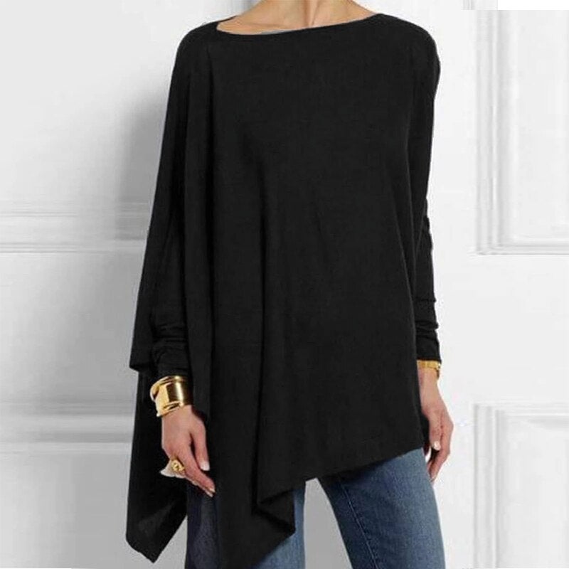 Adeline Long Sleeve Top with Asymmetric Draped Hem in Black