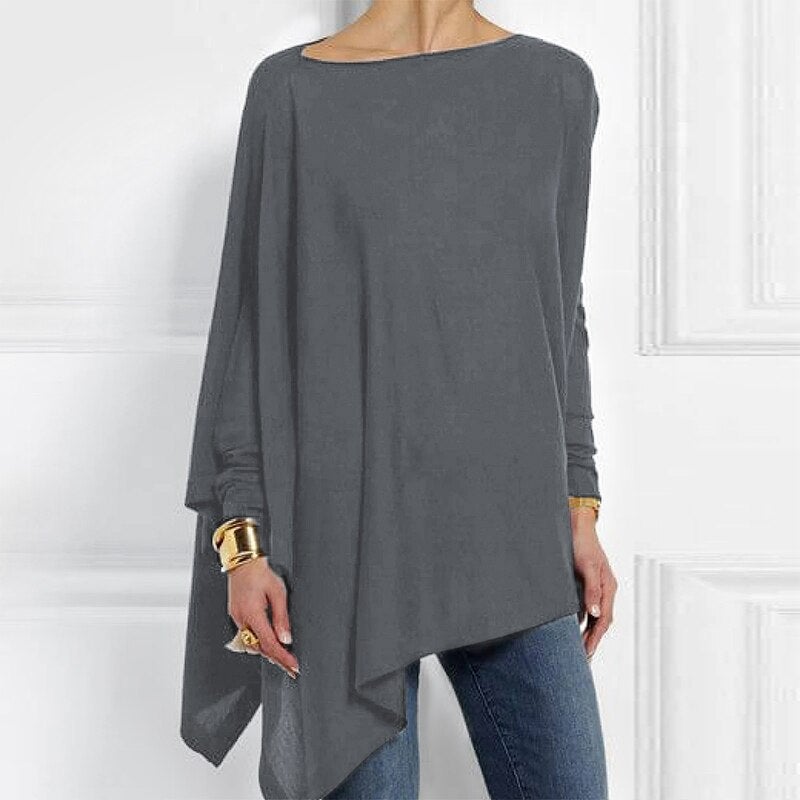 Adeline Long Sleeve Top with Asymmetric Draped Hem in Grey
