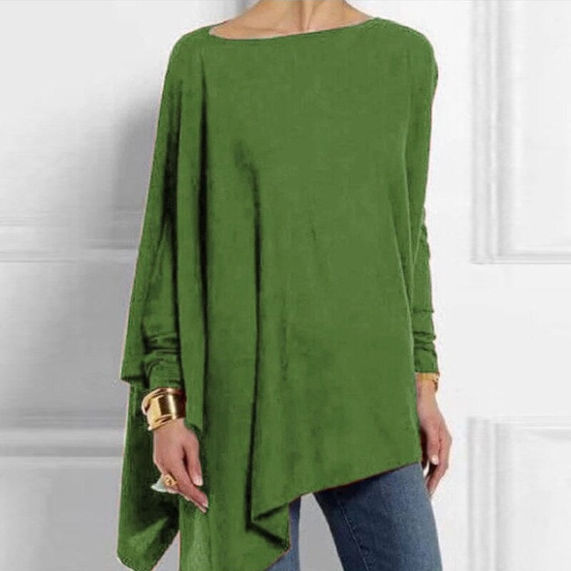 Adeline Long Sleeve Top with Asymmetric Draped Hem in Green