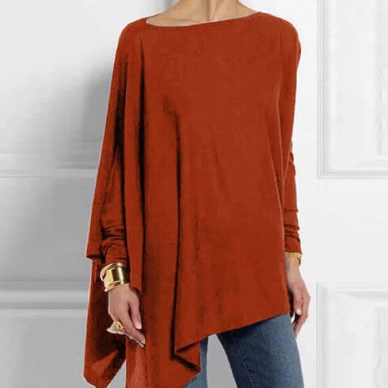 Adeline Long Sleeve Top with Asymmetric Draped Hem in Red