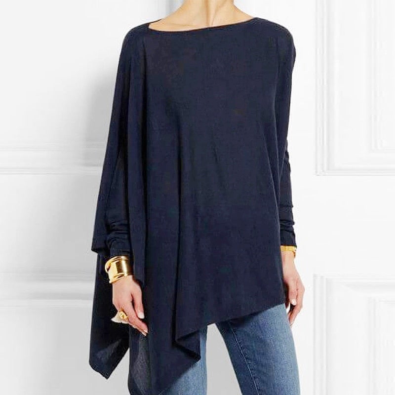 Adeline Long Sleeve Top with Asymmetric Draped Hem in Navy