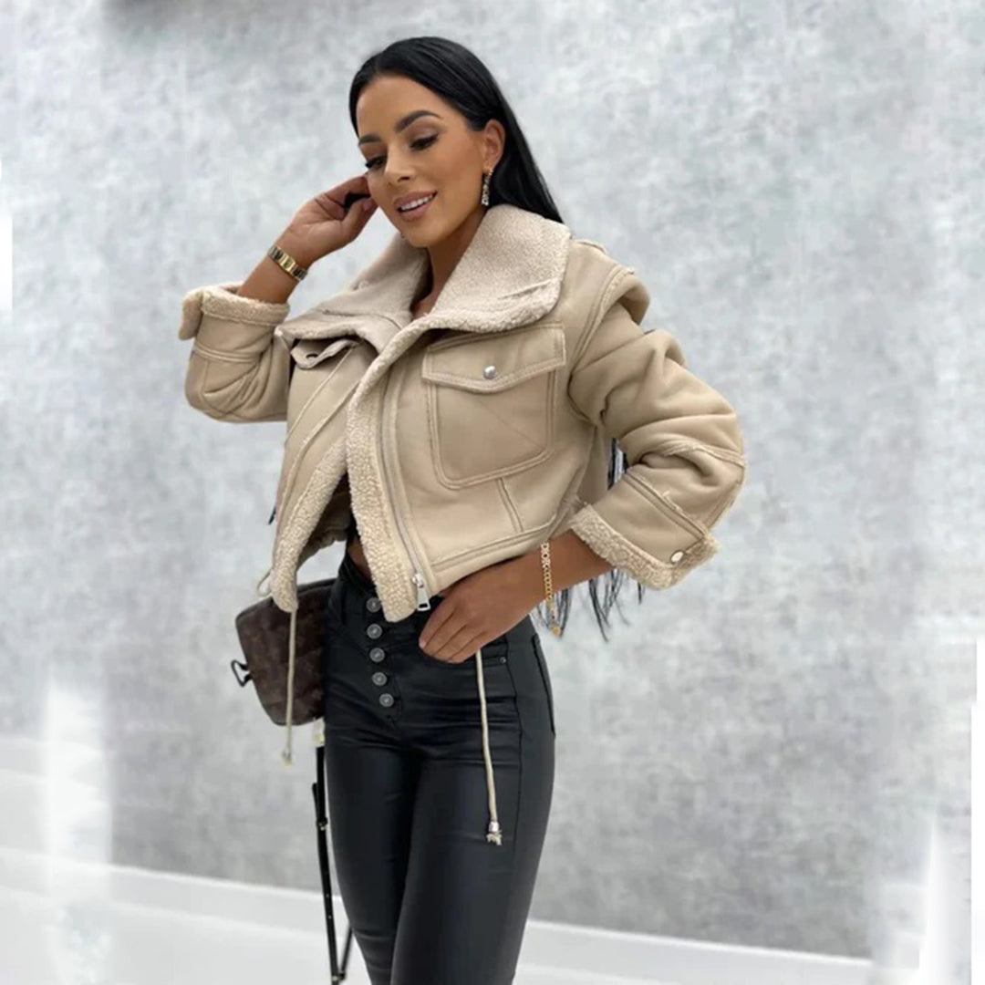 Aley Cropped Aviator Jacket with Shearling-Look Trim in Beige