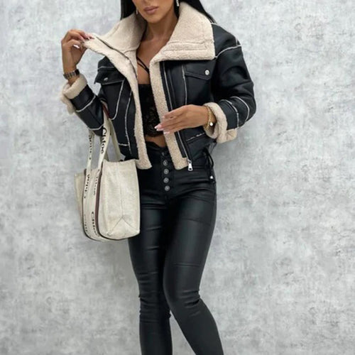 Aley Cropped Aviator Jacket with Shearling-Look Trim in Black