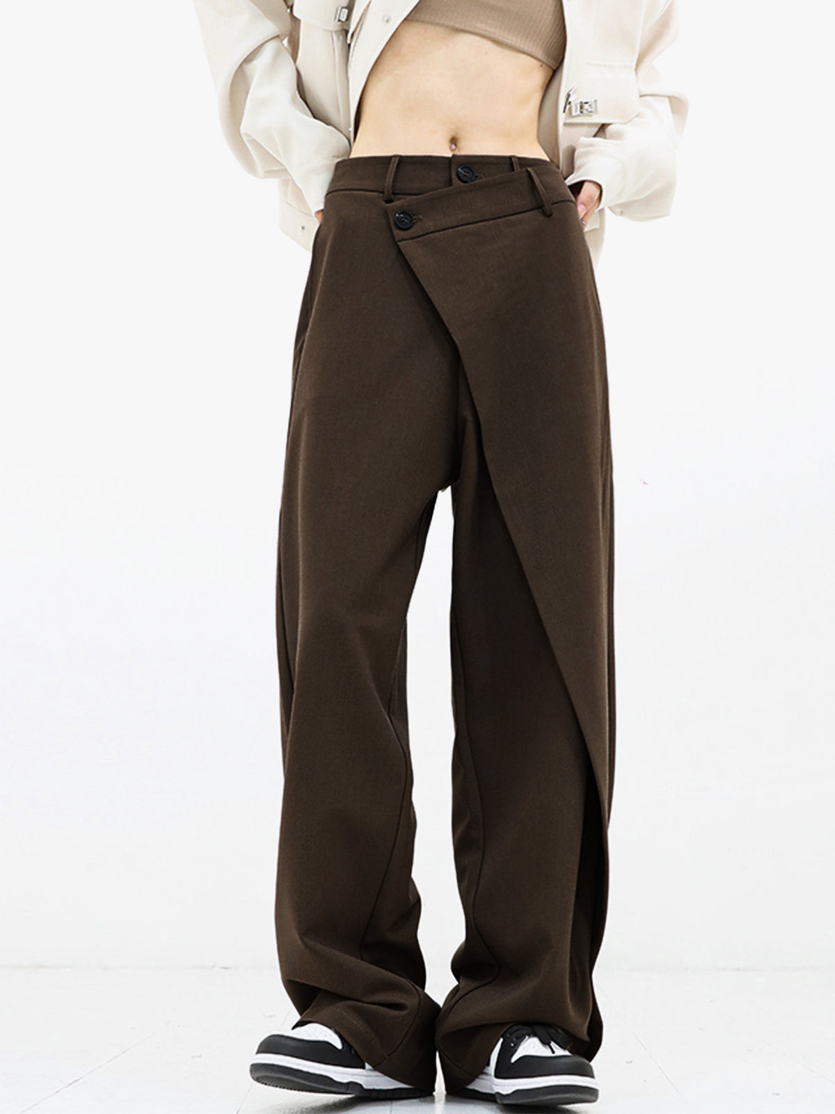 Alira Baggy Wide Leg Trousers with Wrapped Waist Detail in Dark Brown