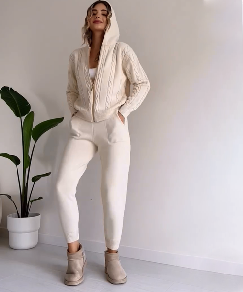 Alira Cable Cardigan and Trouser Set in a Soft Knit in Beige