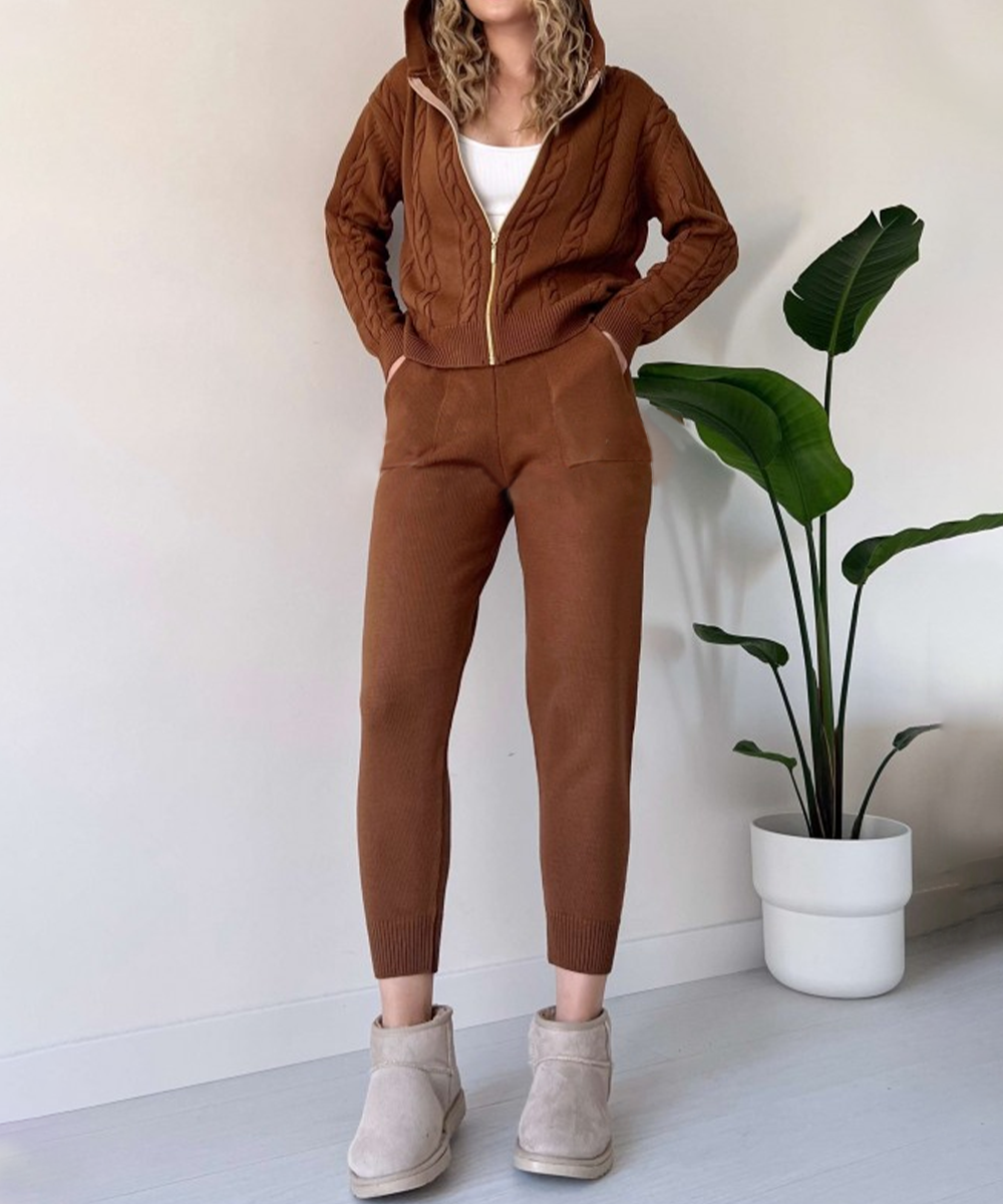 Alira Cable Cardigan and Trouser Set in a Soft Knit in Brown