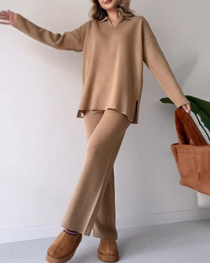 Alira Knitted Two-Piece Set with Polo Top and Wide Trousers in Khaki