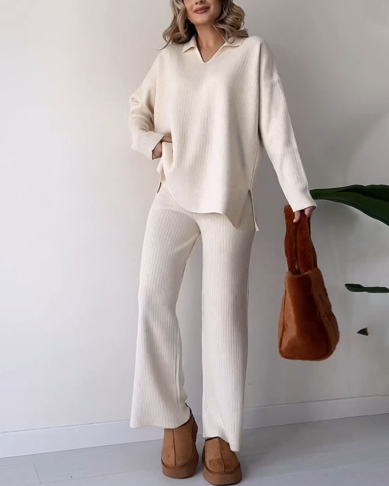 Alira Knitted Two-Piece Set with Polo Top and Wide Trousers in Apricot