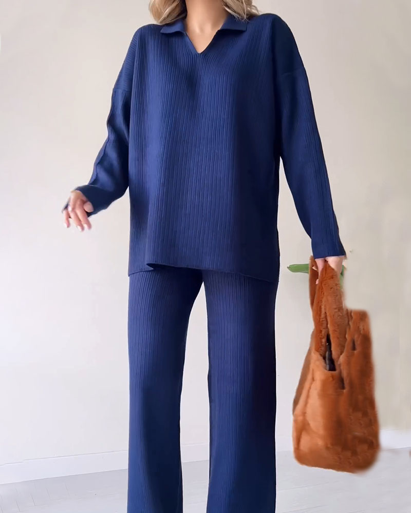 Alira Knitted Two-Piece Set with Polo Top and Wide Trousers in Navy