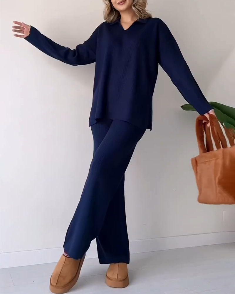 Alira Knitted Two-Piece Set with Polo Top and Wide Trousers in Black