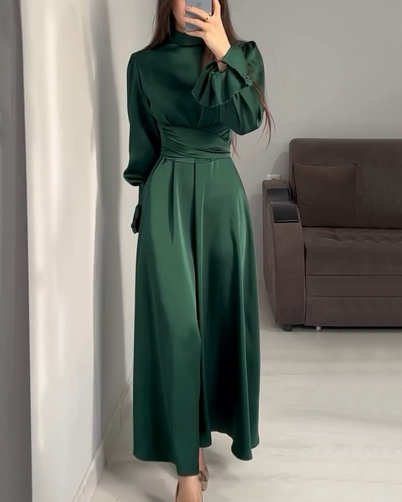 Alira Satin-Look Midi Dress with Tie Waist and Ruffle Cuffs in Dark Green