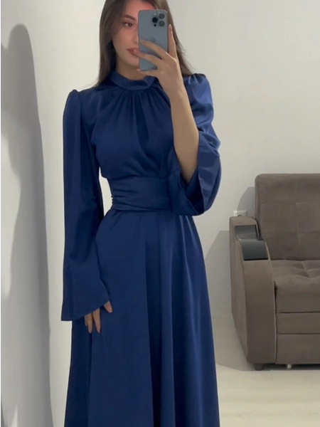 Alira Satin-Look Midi Dress with Tie Waist and Ruffle Cuffs in Blue