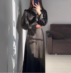 Alira Satin-Look Midi Dress with Tie Waist and Ruffle Cuffs in Black