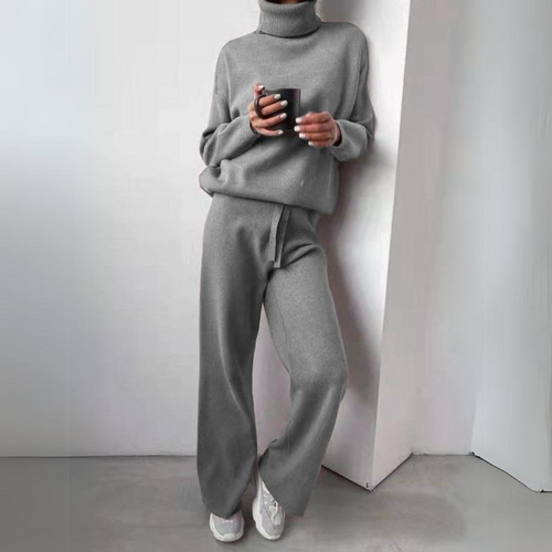 Anna Knitted Set with Turtleneck Top and Wide Trousers in Grey