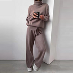 Anna Knitted Set with Turtleneck Top and Wide Trousers in Khaki