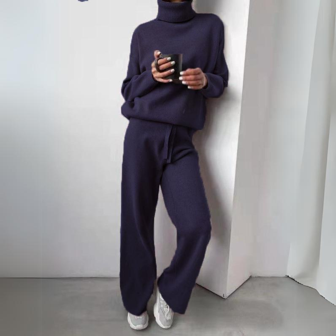 Anna Knitted Set with Turtleneck Top and Wide Trousers in Blue