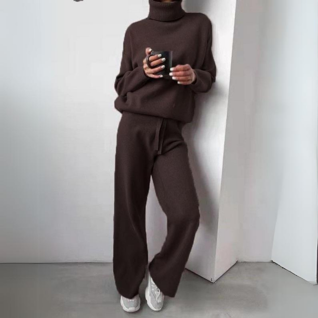 Anna Knitted Set with Turtleneck Top and Wide Trousers in Brown