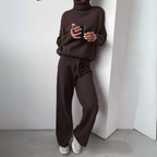 Anna Knitted Set with Turtleneck Top and Wide Trousers in Brown