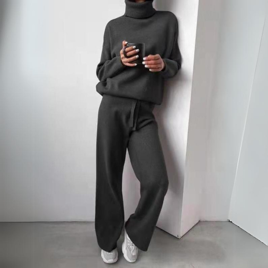 Anna Knitted Set with Turtleneck Top and Wide Trousers in Black