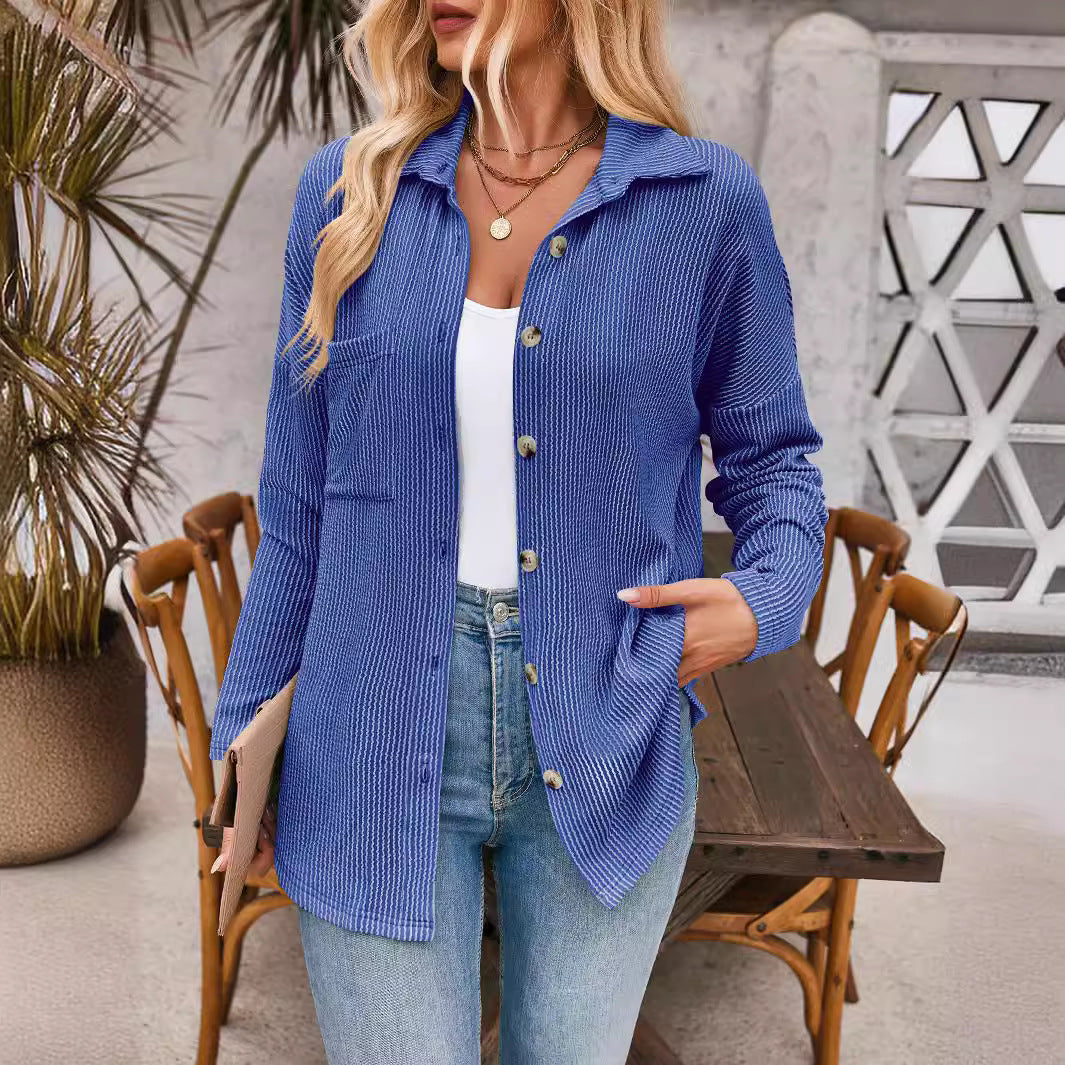 Aria Ribbed Shirt Jacket with Button Front and Pockets in Denim Blue